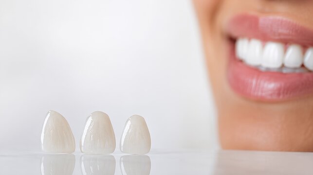 Three Ceramic Dental Veneers on White Reflective Surface with Woman Smiling Blurred in Background Concept of Aesthetic Cosmetic Dentistry Hollywood Smile and Dental Lab Restoration