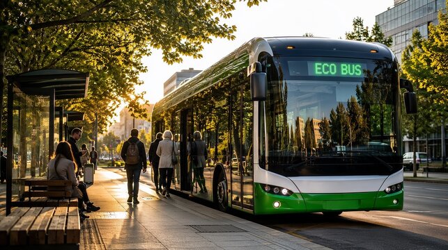 Modern Green Electric Bus with ECO BUS Text on Digital Display Stopped at City Bus Station with Passengers Boarding at Golden Hour, Sustainable Urban Public Transportation 
