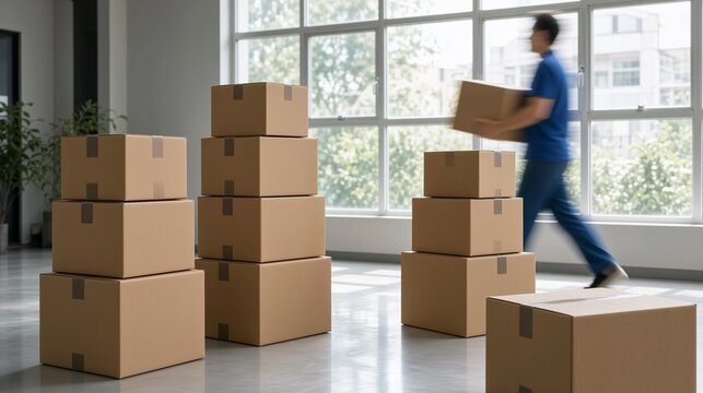 Cardboard Boxes Stacked on Floor in Bright Office with Blurred Courier Delivering Parcel in Background, Concept of Express Delivery, E-Commerce Fulfillment, Logistics, and Office Relocation