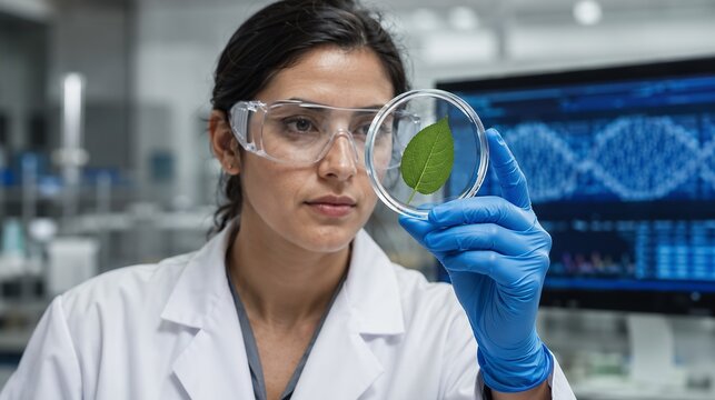 Female Scientist Examining Green Leaf in Petri Dish with DNA Sequence Visualization on Computer Screen in Biotechnology Laboratory Concept of Plant Genetics Agricultural Biotech 