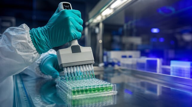 Scientist Hands in Protective Gloves Using Multichannel Electronic Pipette to Dispense Green Liquid into Microplate in Laboratory, Concept of Biotechnology, Pharmaceutical Research, Genetics