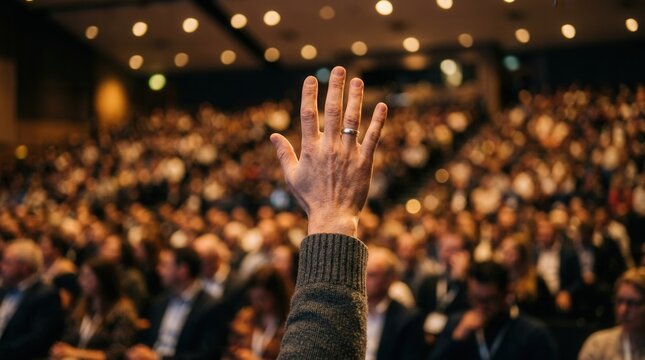 A person raising a hand in a large crowd during a professional seminar.