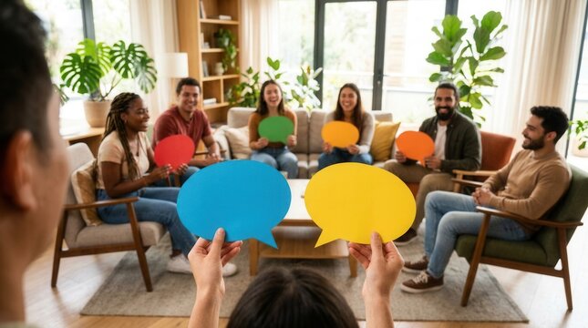 Diverse people in a peer support forum engaging in friendly discussions with colorful speech bubble props.