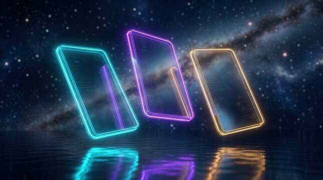 Three 3D SaaS marketing pricing tier panels with neon glowing edges floating in space.