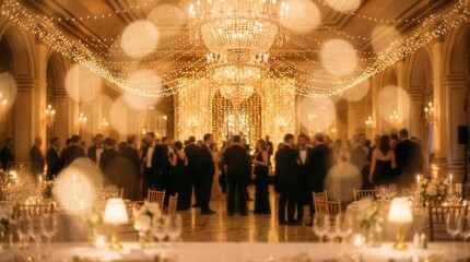 Naklejka premium Elegant ballroom scene with glowing string lights and a crystal chandelier for a luxury wedding.