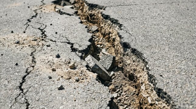 Cracked asphalt showing underlaying dirt and debris.