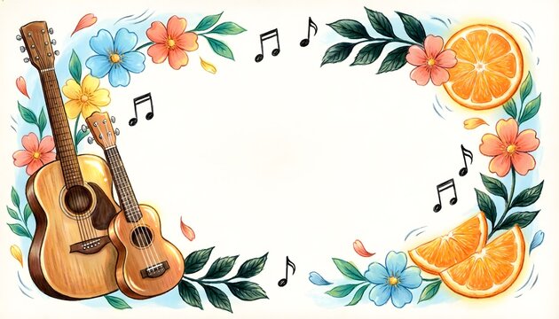 Acoustic guitar and small ukulele resting together on a white background decorated with vibrant summer flowers and fresh citrus orange slices featuring hand drawn musical notes