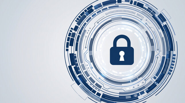 Abstract digital security background with a central padlock icon surrounded by concentric technological circles and data patterns