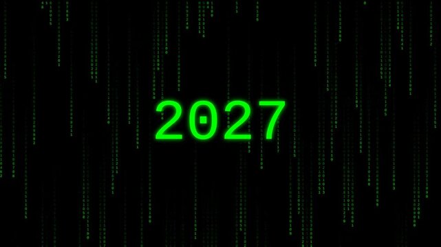 Motion of Digital Rain and Green 2027 Text in Night Sky for Future Technology Theme.