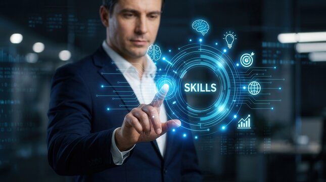 Professional businessman touching a virtual interface screen for skills development and career growth.