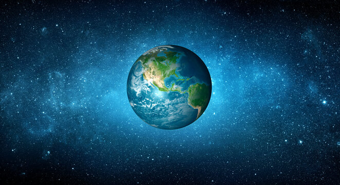 Panoramic view of the Earth, stars and galaxy. Planet Earth, view from space. Space fantasy. Elements of this image furnished by NASA.