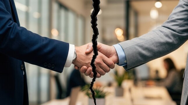 Two hands shaking through a dramatic crack symbolizing a broken business agreement.
