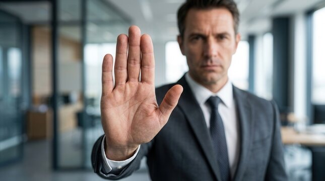 A professional man in a suit making a hand stop sign.