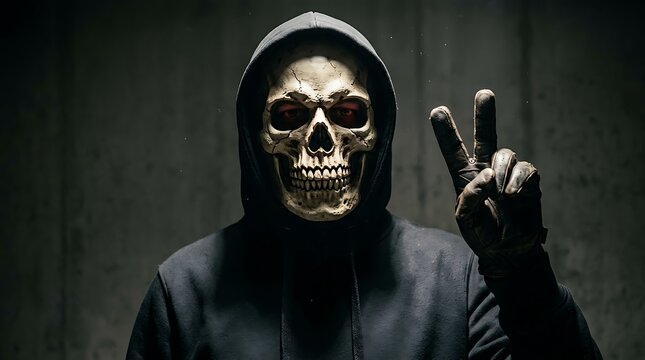 A chilling depiction of a hooded figure with a skull mask embodying the spooky and mysterious essence of