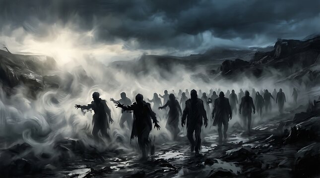 A chilling depiction of a massive zombie horde emerging from the mist a truly terrifying halloween scene and