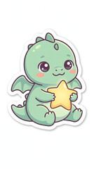 Fototapeta premium Adorable green baby dragon holding a yellow star, designed as a playful kawaii fantasy character illustration for children and creative projects.