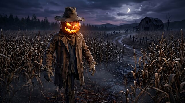 A chilling halloween night scene featuring a spooky scarecrow amidst a ghostly fog filled graveyard landscape