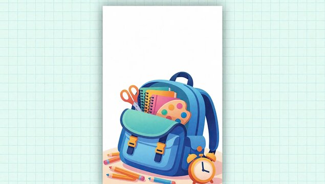 A blue school backpack with notebooks, scissors, a palette, and an alarm clock on a graph paper background.