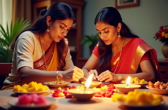 Two beautiful Indian women in traditional attire decorate a festive table with various floral decorations for Diwali, an important religious and cultural event in India.