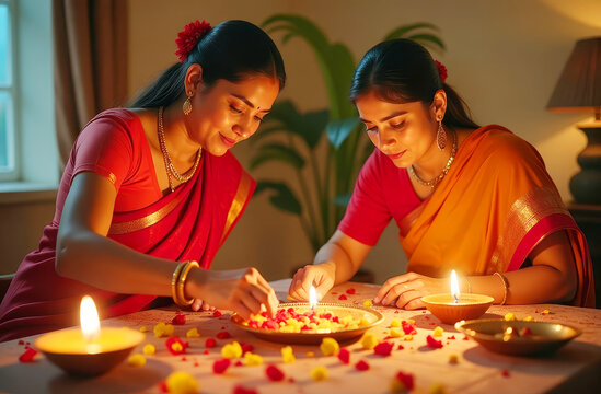 Two beautiful Indian women in traditional attire decorate a festive table with various floral decorations for Diwali, an important religious and cultural event in India.