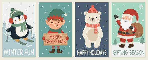 Fototapeta premium Christmas greeting card set with skiing penguin, elf, bear, Santa, holiday slogans, snow, and cute winter character scenes