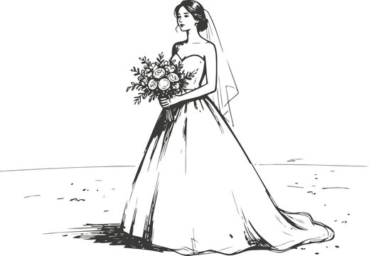 Elegant bride in wedding dress holding bouquet, standing gracefully in minimalist black and white sketch