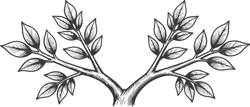 intricate black and white botanical illustration of symmetrical leafy branches with detailed foliage