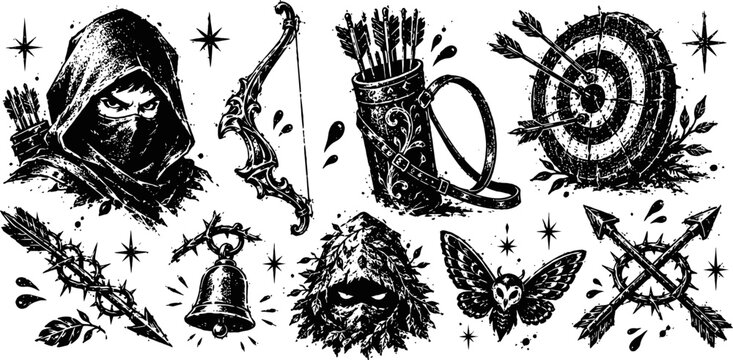 Archer hooded figures and medieval weapons set with bow, arrows, target, and symbolic elements in black ink