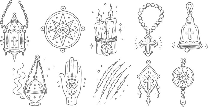 hand drawn spiritual symbols and mystical objects collection with candles, crosses, eyes, and charms