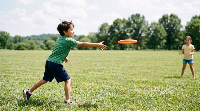 A young boy in a green t-shirt throws an orange frisbee to his sister in a grassy field on a sunny day.