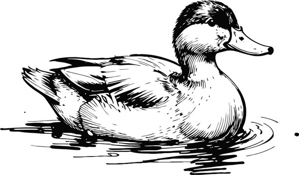 black and white illustration of a duck swimming on water with ripples and detailed feather texture