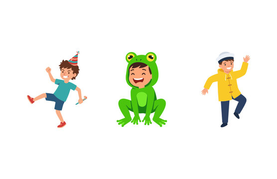 Three cute children characters in different costumes including party hat, frog suit and yellow sailor outfit