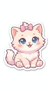 Adorable chibi cat holding a small fish, designed with a sweet kawaii expression and charming hand-drawn cartoon details.