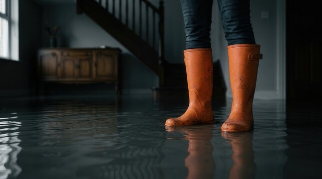 A person wearing orange rubber boots wading through murky floodwater inside a flooded house.