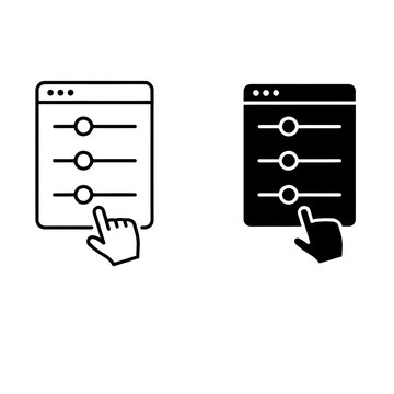 Web browser window with adjustment sliders and hand pointer icon, outline and solid version.