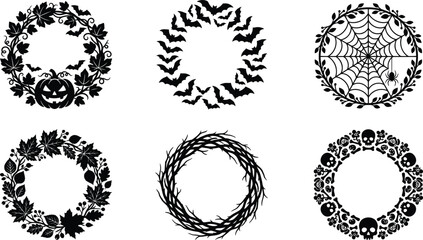 Fototapeta premium Halloween wreath silhouette vector icon set isolated on white background with halloween