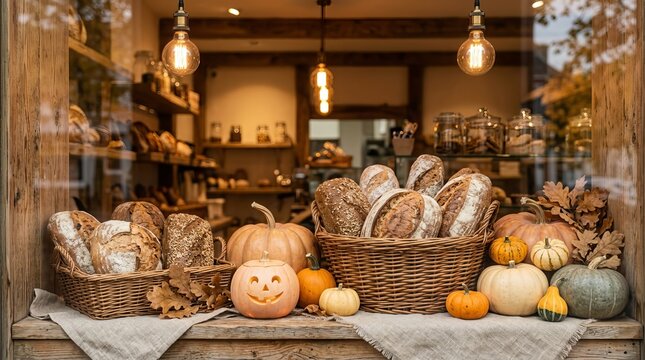 Bakery window display filled with artisanal sourdough bread baskets and various pumpkins decorated for autumn harvest season and halloween celebration under warm hanging lights.