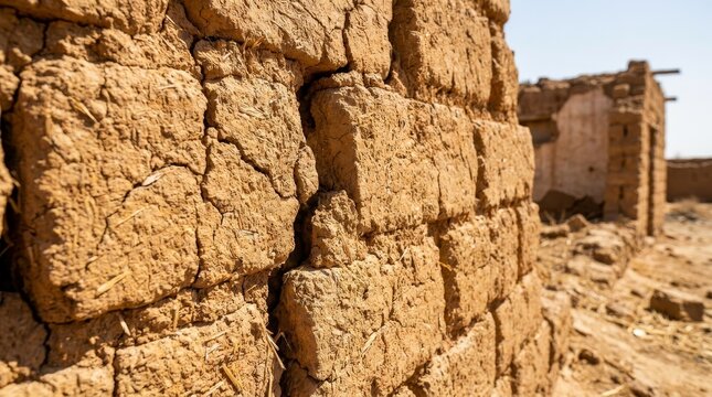Texture of sun-baked mud bricks in an arid environment.