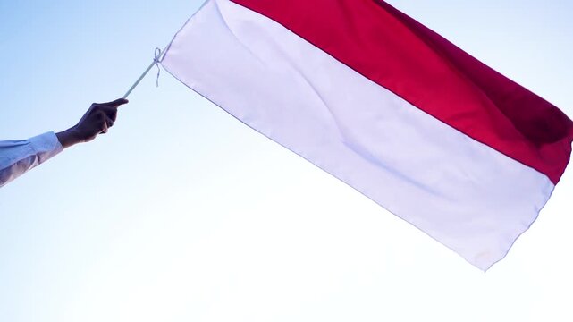 Hand waves Indonesian flag against soft sky. Red and white stripes flutter with pride. Person stands tall, symbolizing strength and unity. Perfect for patriotic, national pride, or cultural events