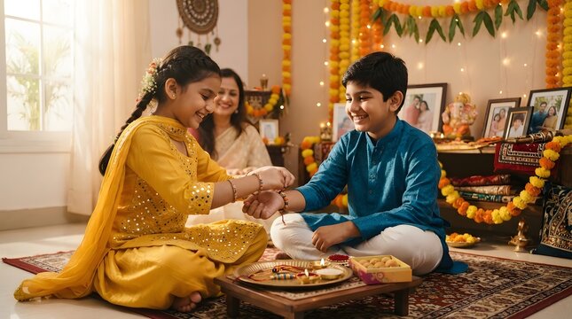 Happy sister tying rakhi on brothers wrist during raksha bandhan celebration at home