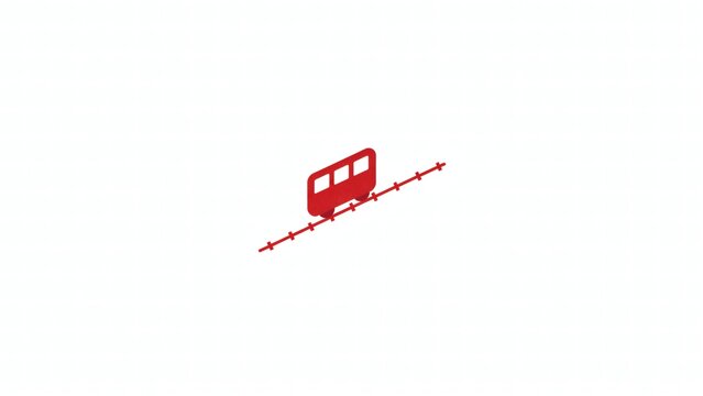 Red flat vector icons of a train on tracks isolated on white background with graphic symbols train transportation