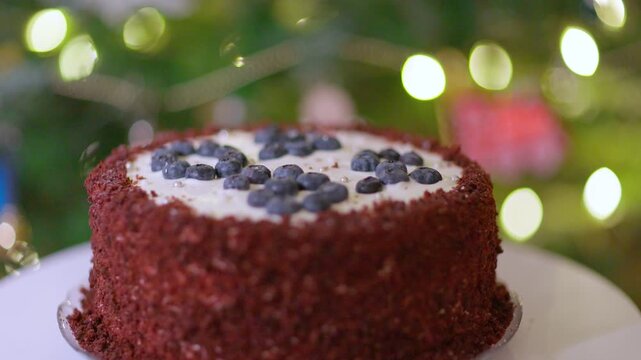 Sweet Red Velvet Cake with Blueberries in Festive Setting