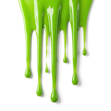 Bright green fluid drips smoothly, creating glossy paint texture