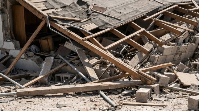 The wreckage of a collapsed roof structure.