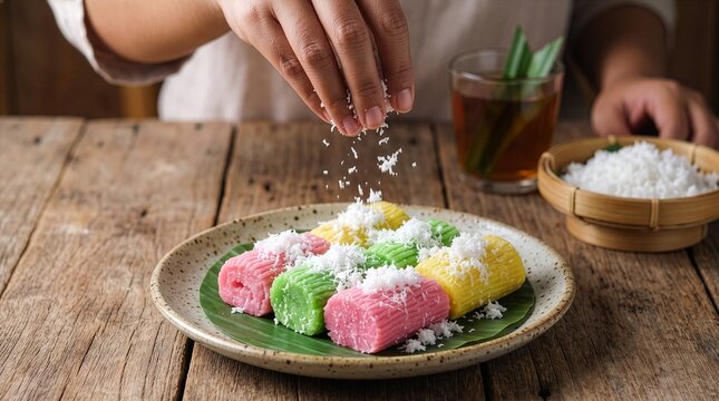 Sprinkling Grated Coconut on Colorful getuk lindri Cakes