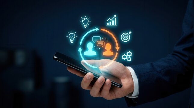Smartphone displaying a digital feedback cycle between two people for corporate collaboration.