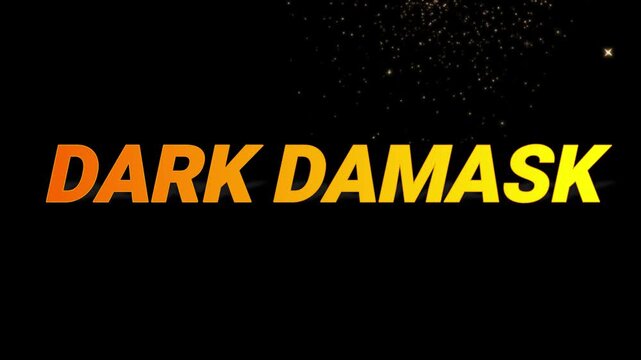 Text animation featuring the words dark damask appearing with gold glitter particles on a black background with particles against solid video text typography lettering