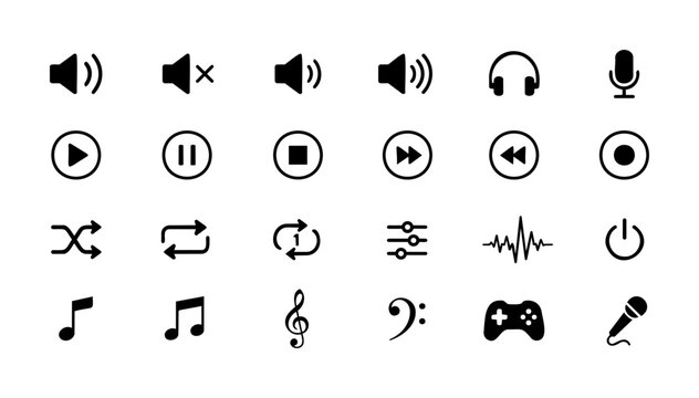 Music Player Icon Set with Volume, Play, Pause, Headphones and Sound Controls