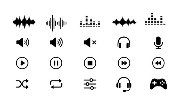 Audio Equalizer Icon Set with Sound Bars, Volume, Headphones and Player Controls
