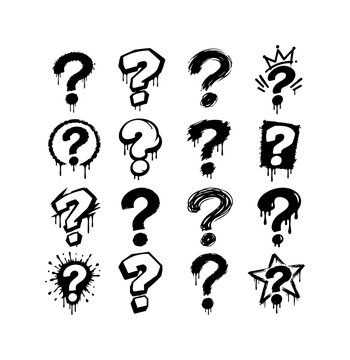 Distressed Question Mark Icon Set with Grunge Texture and Crown Star Symbols